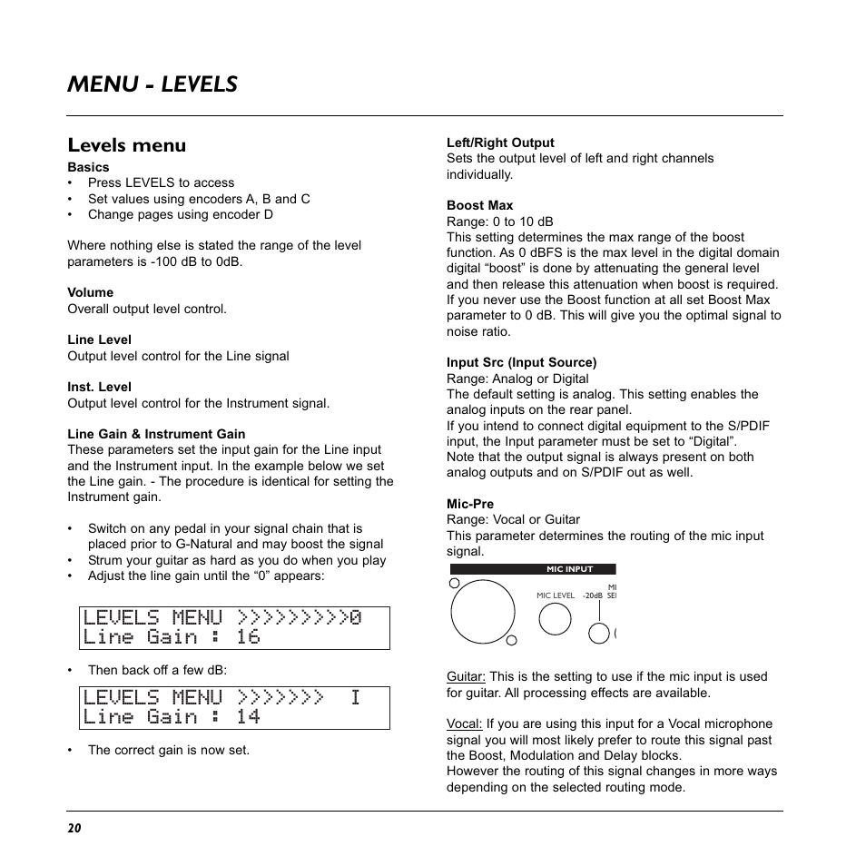 Menu - levels, Levels menu | TC Electronic G-Natural User Manual | Page 22 / 34