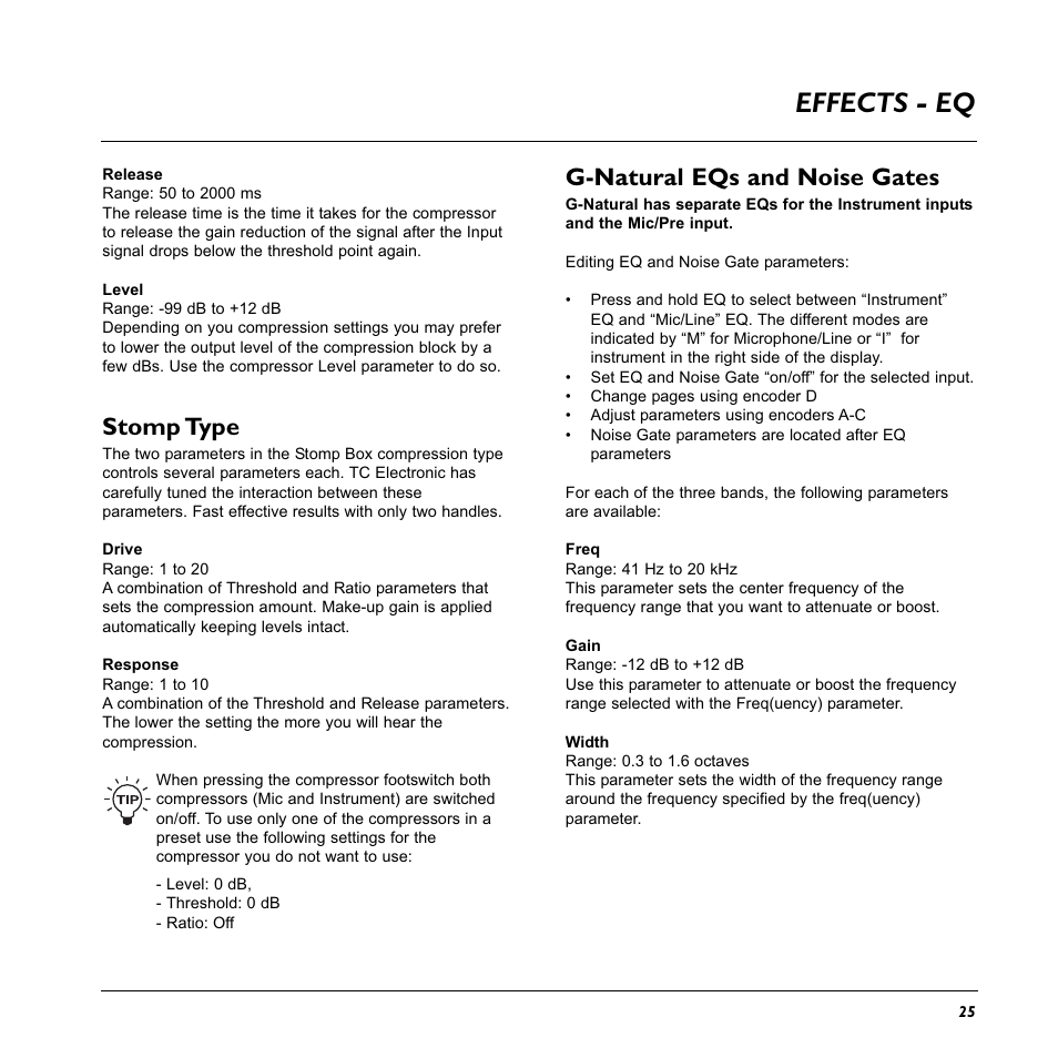 Effects - eq, Stomp type, G-natural eqs and noise gates | TC Electronic G-Natural User Manual | Page 27 / 34