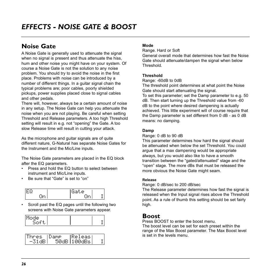 Effects - noise gate & boost, Noise gate, Boost | TC Electronic G-Natural User Manual | Page 28 / 34