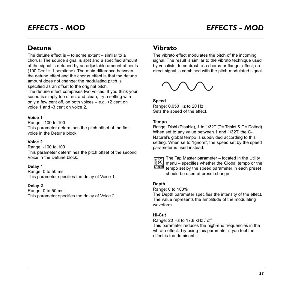 Effects - mod, Detune, Vibrato | TC Electronic G-Natural User Manual | Page 29 / 34