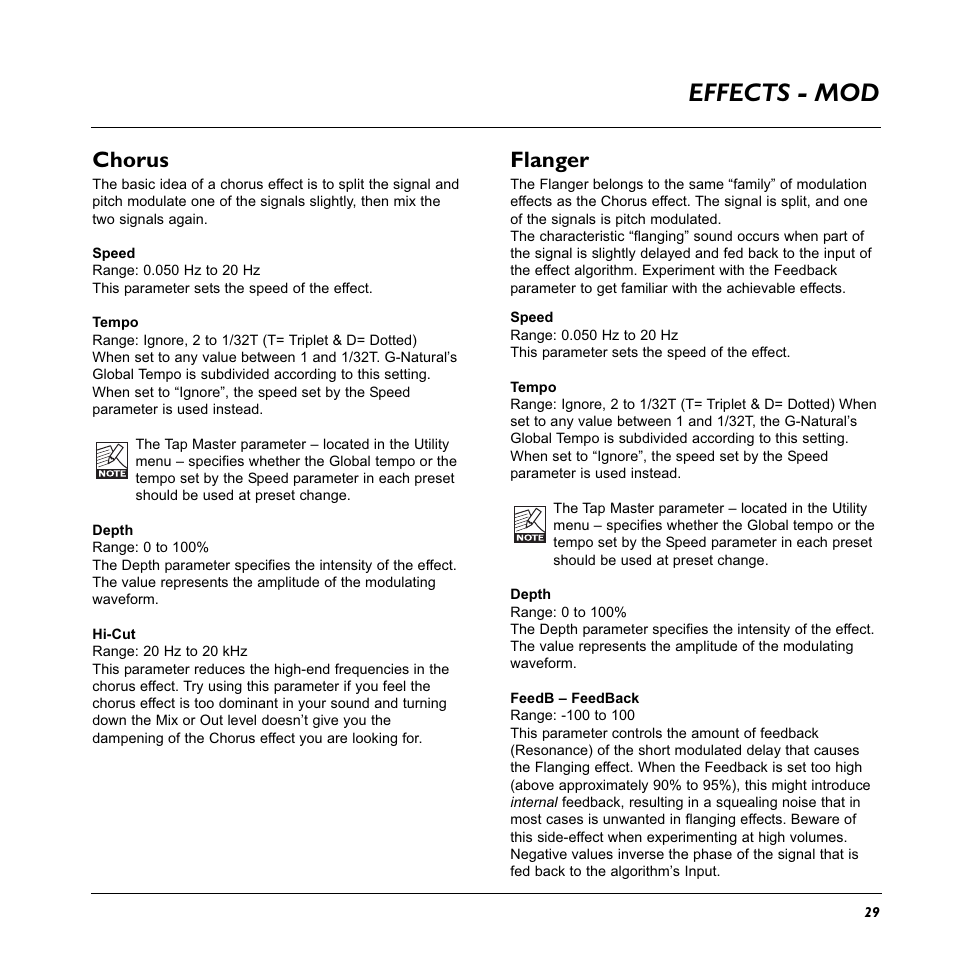 Effects - mod, Chorus, Flanger | TC Electronic G-Natural User Manual | Page 31 / 34