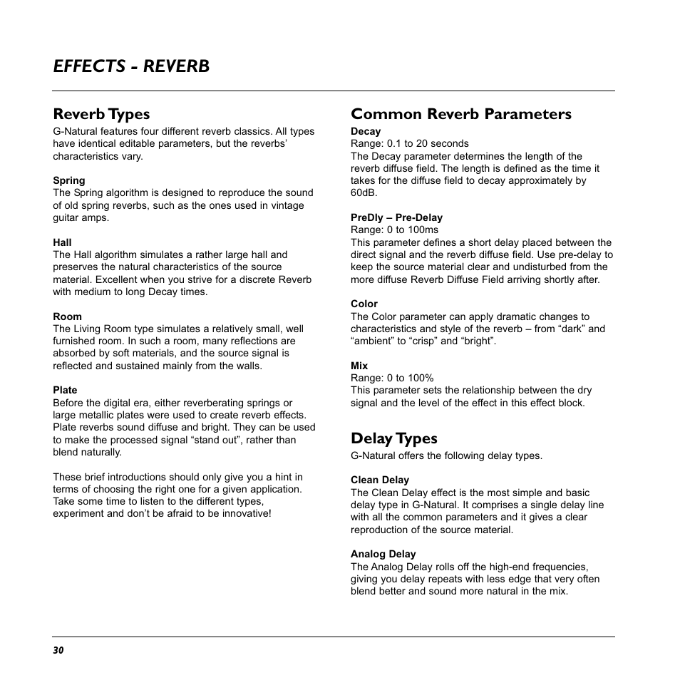 Effects - reverb, Reverb types, Common reverb parameters | Delay types | TC Electronic G-Natural User Manual | Page 32 / 34