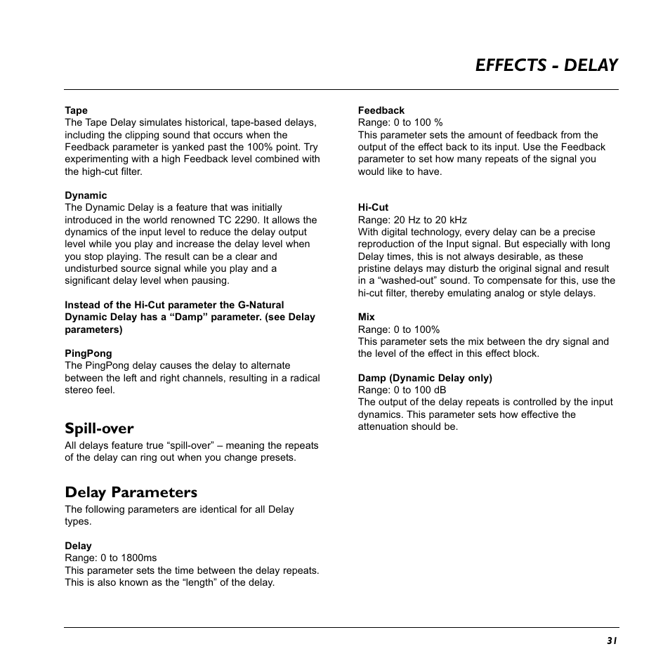 Effects - delay, Spill-over, Delay parameters | TC Electronic G-Natural User Manual | Page 33 / 34