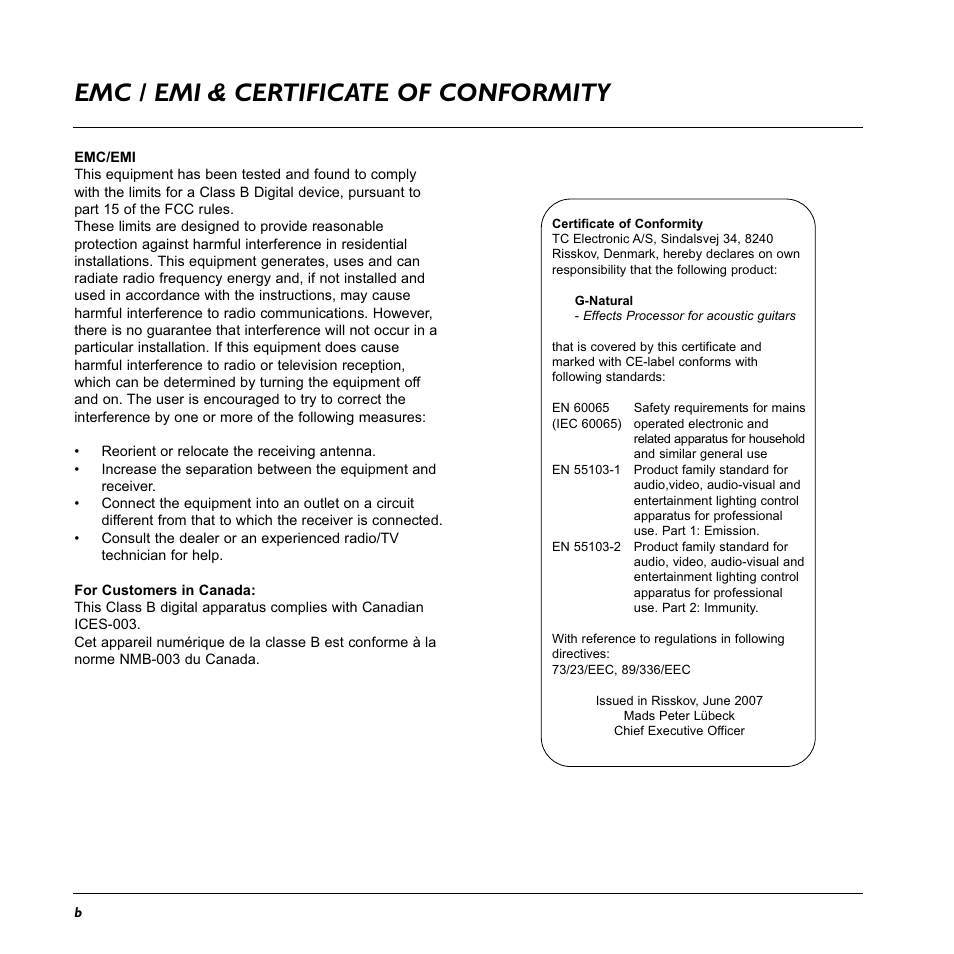 Emc / emi & certificate of conformity | TC Electronic G-Natural User Manual | Page 4 / 34