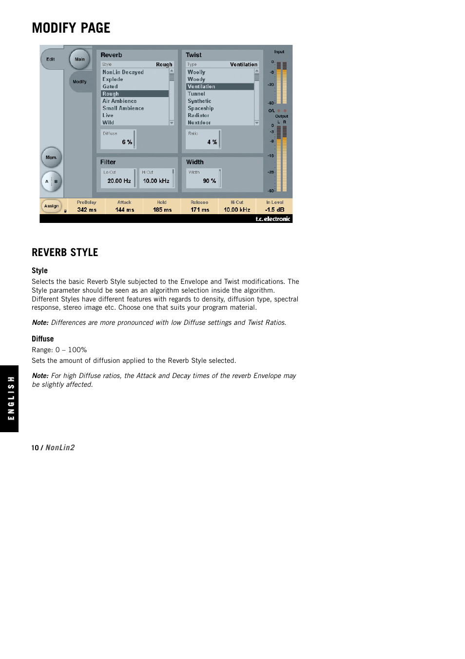 Modify page, Reverb style | TC Electronic NonLin2 TDM User Manual | Page 10 / 16
