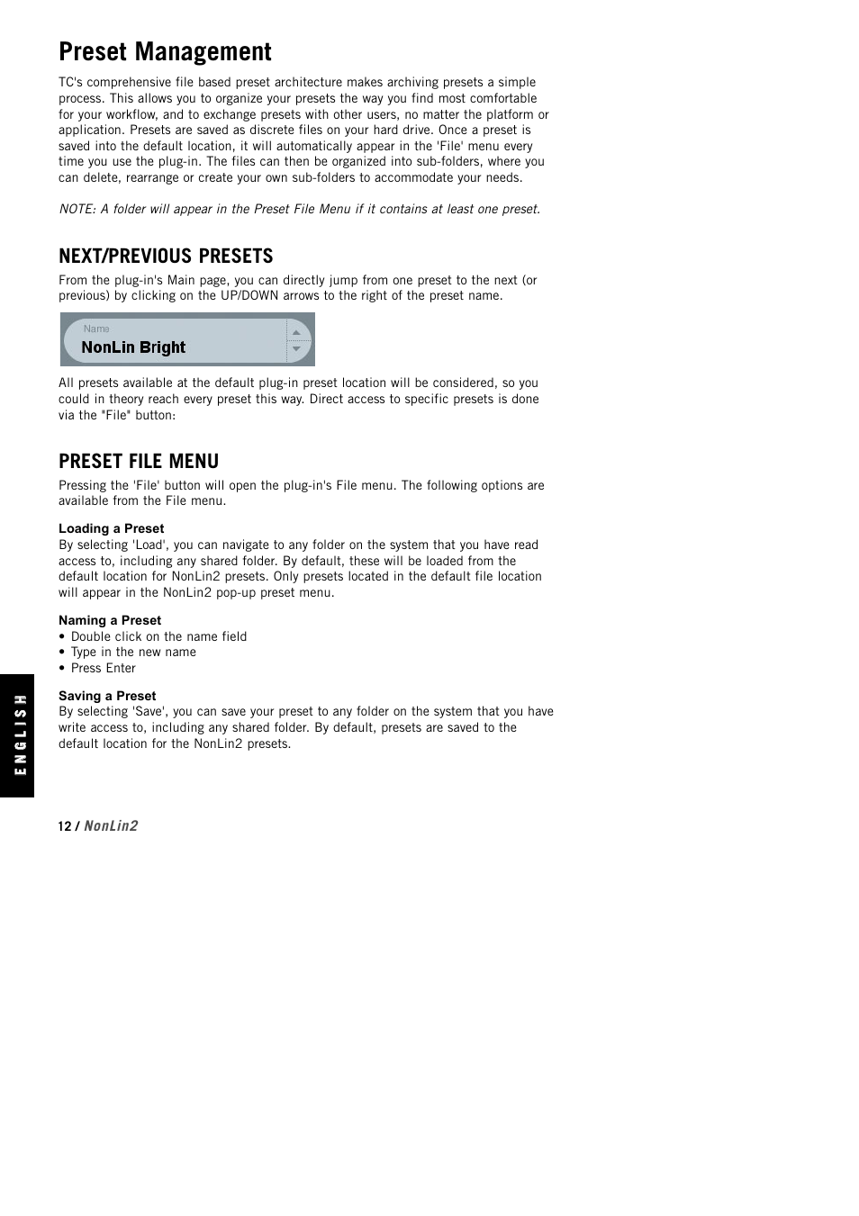 Preset management, Next/previous presets, Preset file menu | TC Electronic NonLin2 TDM User Manual | Page 12 / 16