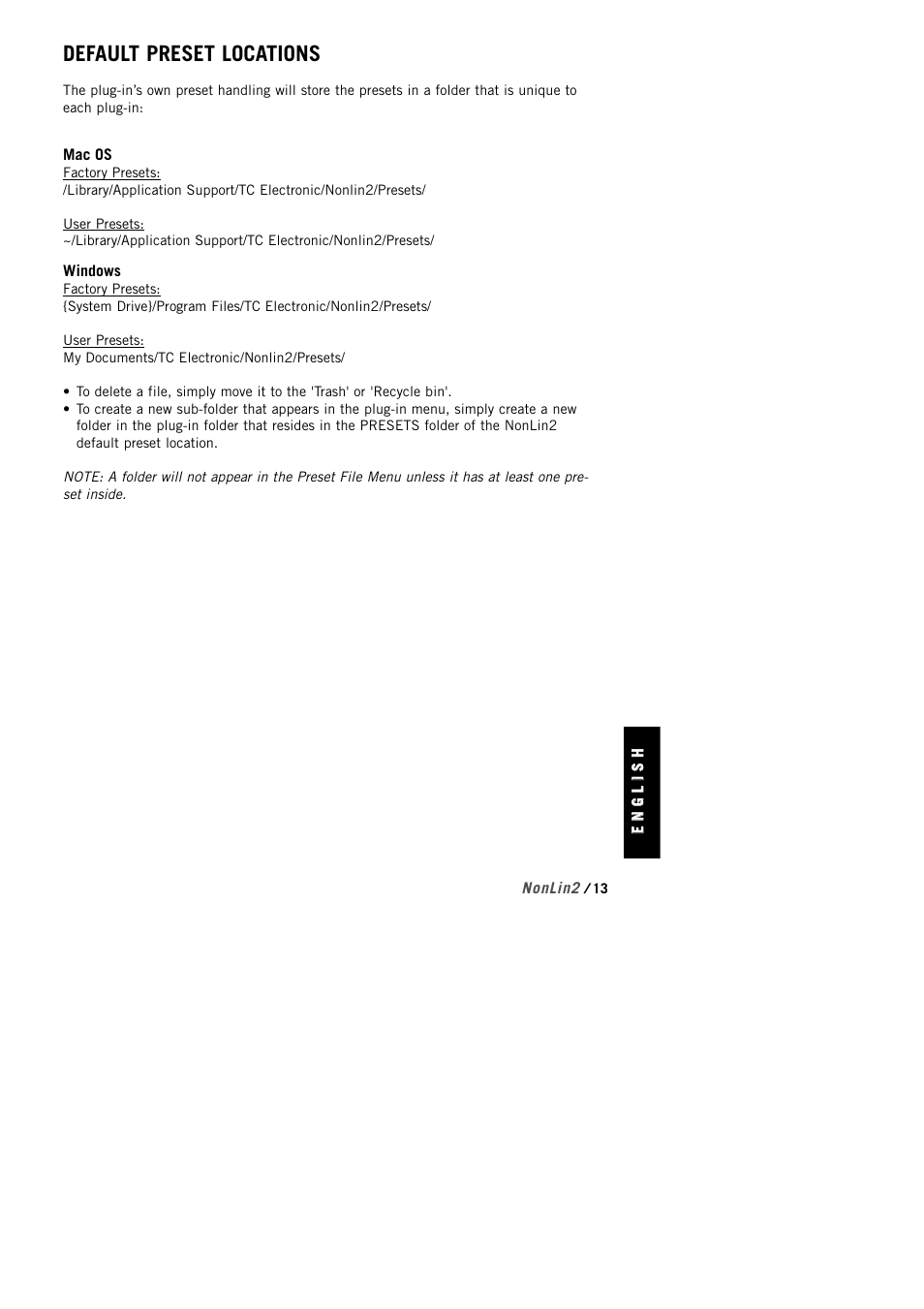 Default preset locations | TC Electronic NonLin2 TDM User Manual | Page 13 / 16