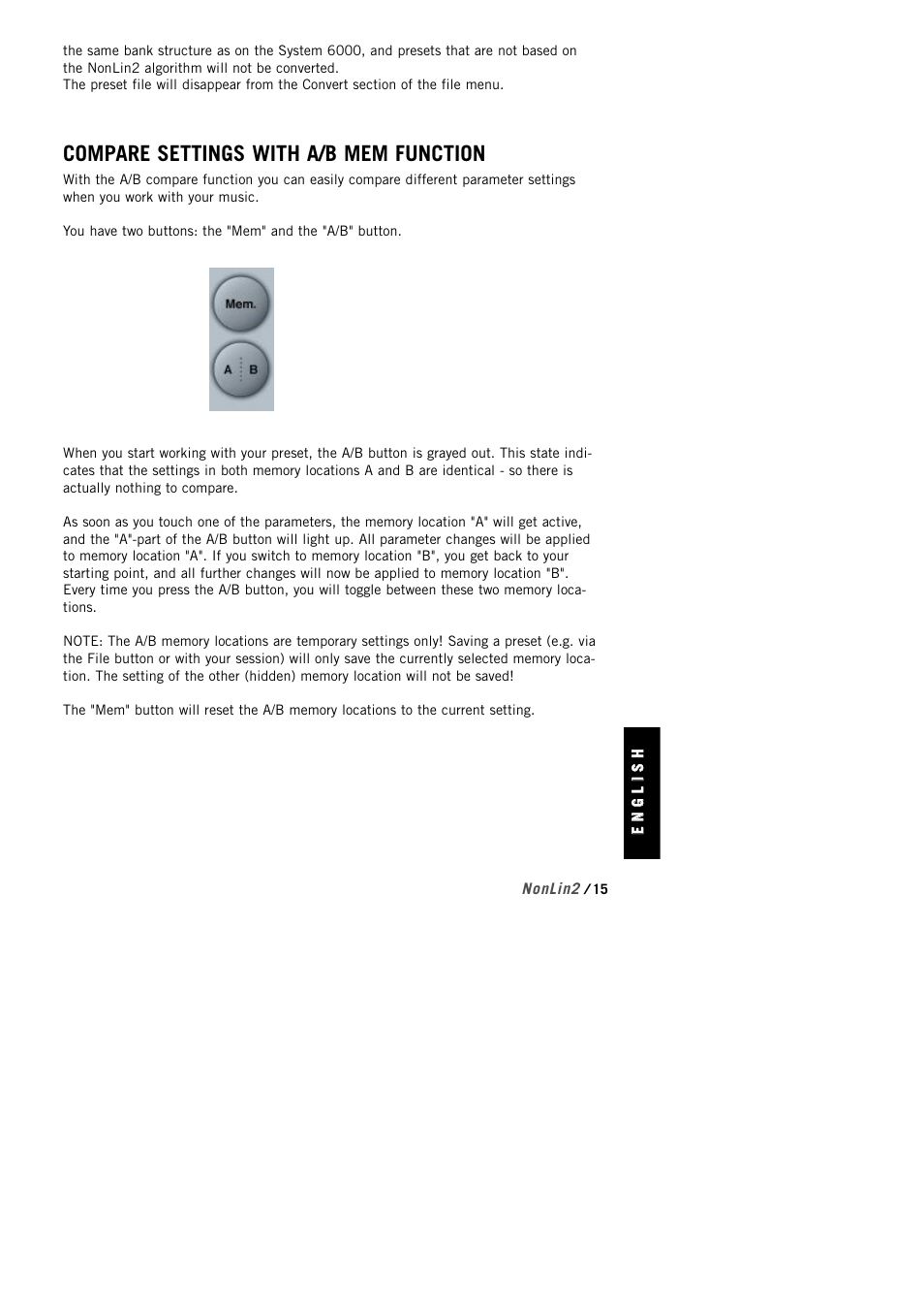 Compare settings with a/b mem function | TC Electronic NonLin2 TDM User Manual | Page 15 / 16