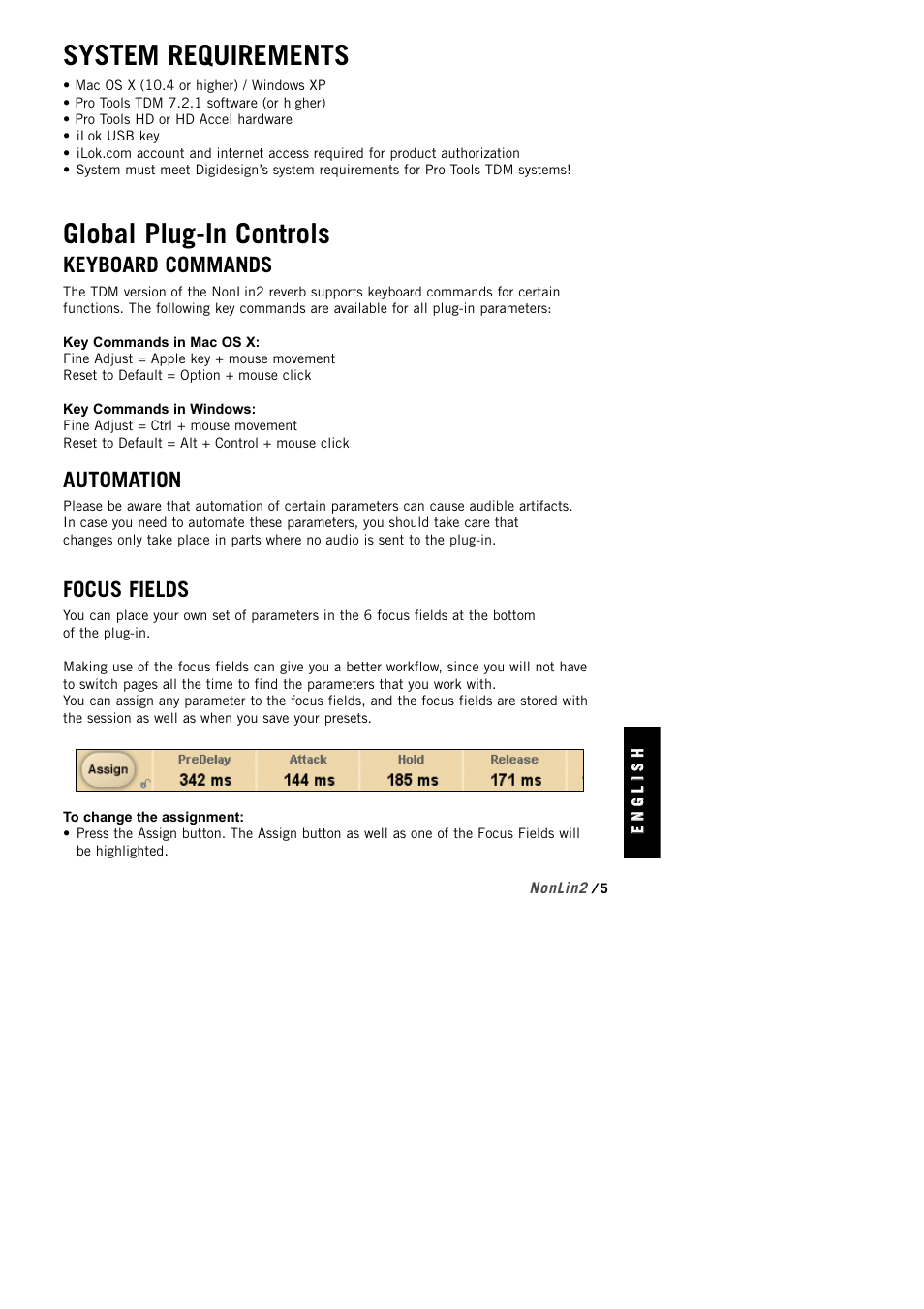 System requirements, Global plug-in controls, Keyboard commands | Automation, Focus fields | TC Electronic NonLin2 TDM User Manual | Page 5 / 16