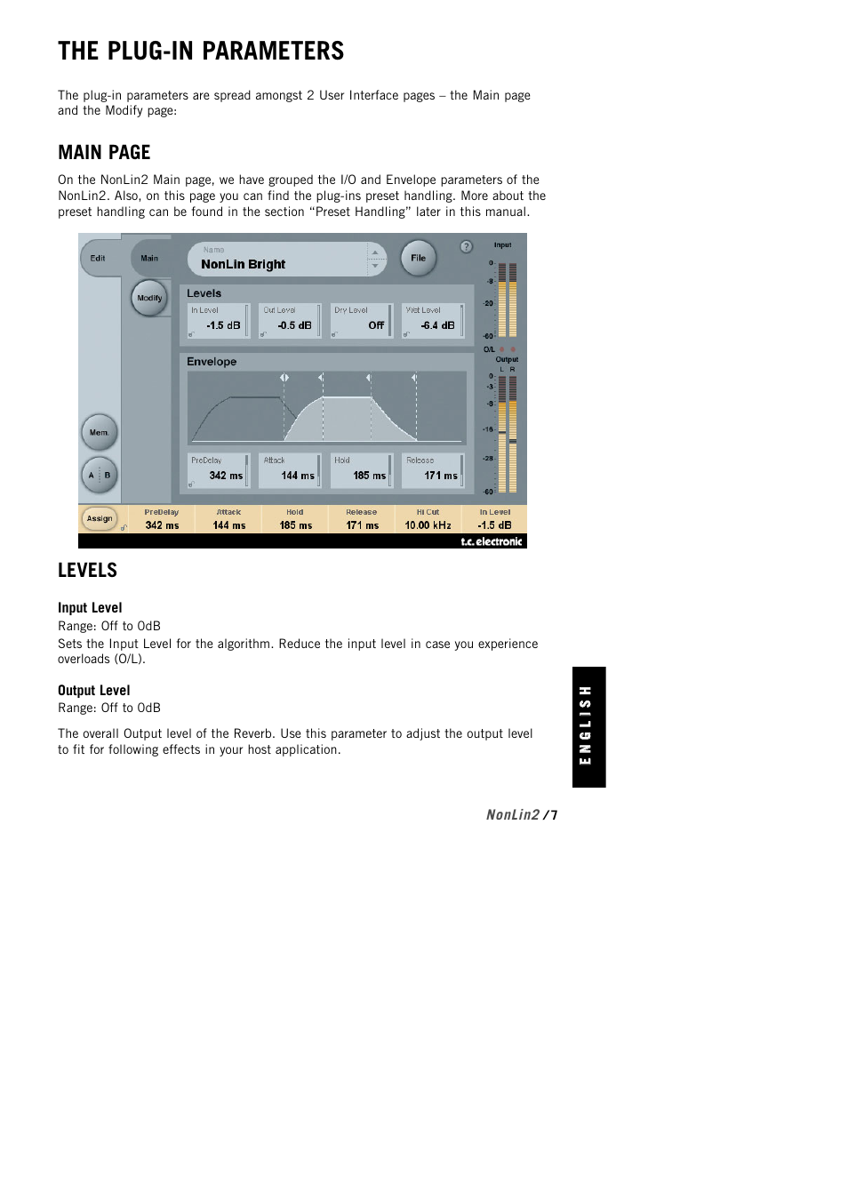 The plug-in parameters, Main page, Levels | TC Electronic NonLin2 TDM User Manual | Page 7 / 16