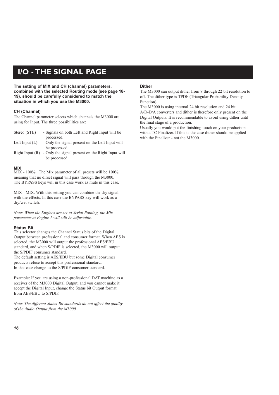 I/o - the signal page | TC electronic SDN BHD M3000 User Manual | Page 18 / 78