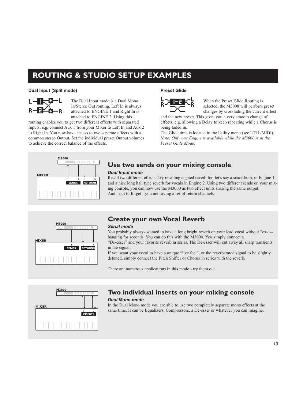 Routing & studio setup examples, Use two sends on your mixing console, Create your own vocal reverb | Two individual inserts on your mixing console | TC electronic SDN BHD M3000 User Manual | Page 21 / 78