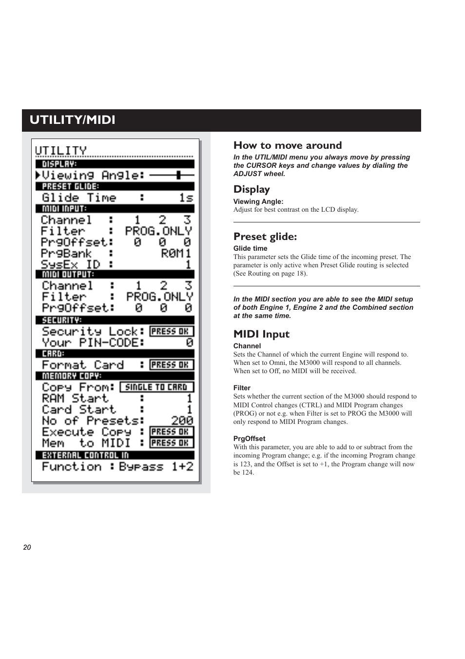 Utility/midi, Display, Preset glide | Midi input, How to move around | TC electronic SDN BHD M3000 User Manual | Page 22 / 78