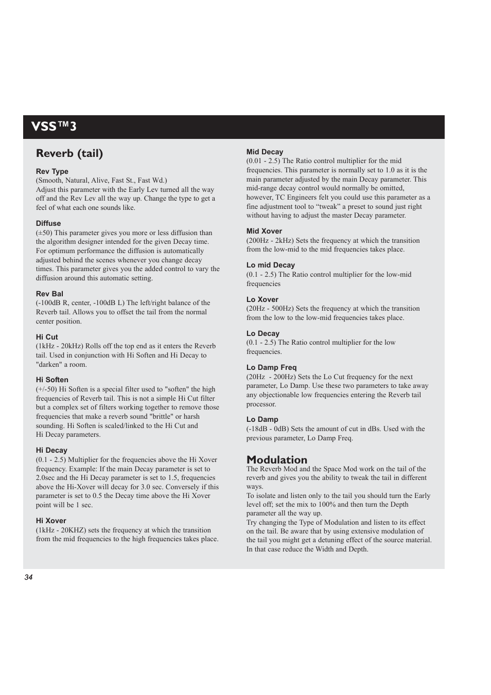 Vss™3, Reverb (tail), Modulation | TC electronic SDN BHD M3000 User Manual | Page 36 / 78