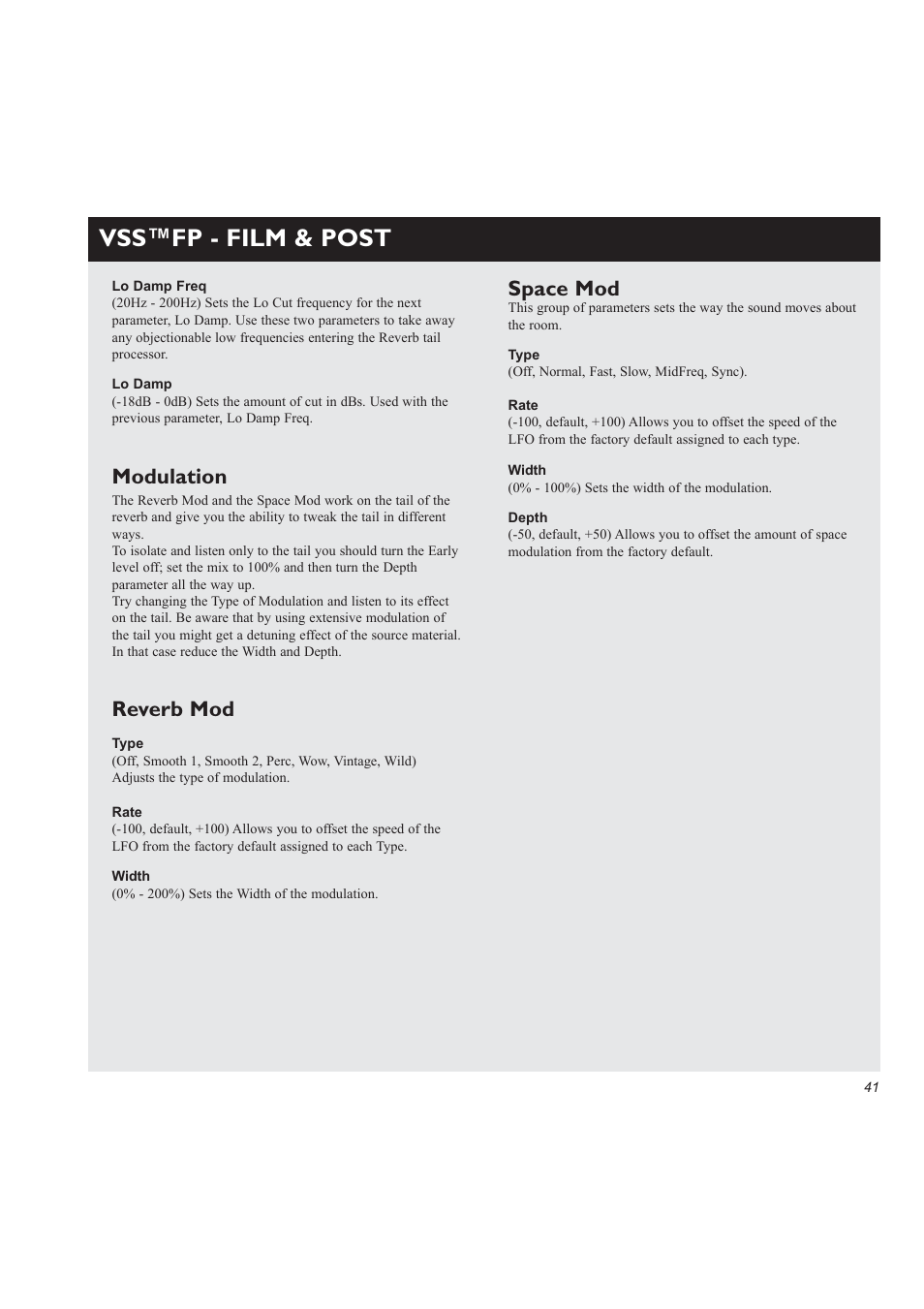 Vss™fp - film & post, Modulation, Reverb mod | Space mod | TC electronic SDN BHD M3000 User Manual | Page 43 / 78