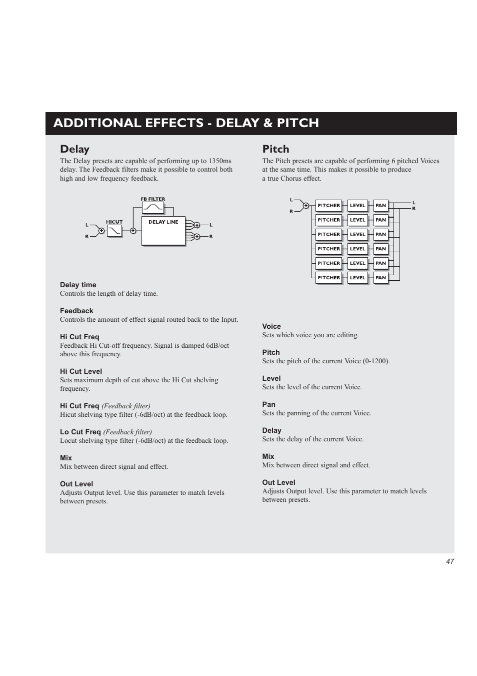 Additional effects - delay & pitch, Delay, Pitch | TC electronic SDN BHD M3000 User Manual | Page 49 / 78