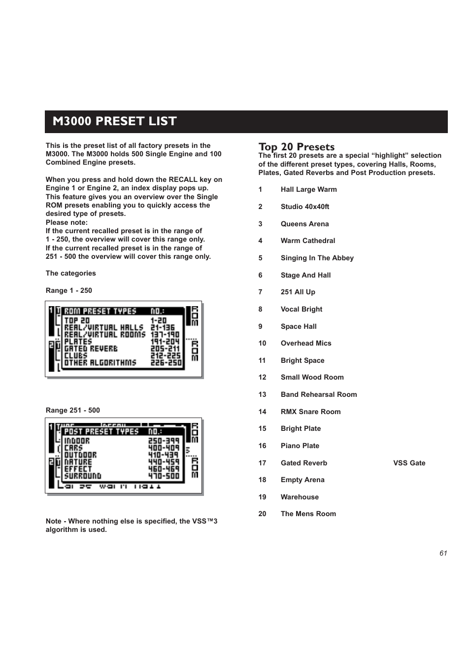 M3000 preset list, Top 20 presets | TC electronic SDN BHD M3000 User Manual | Page 63 / 78