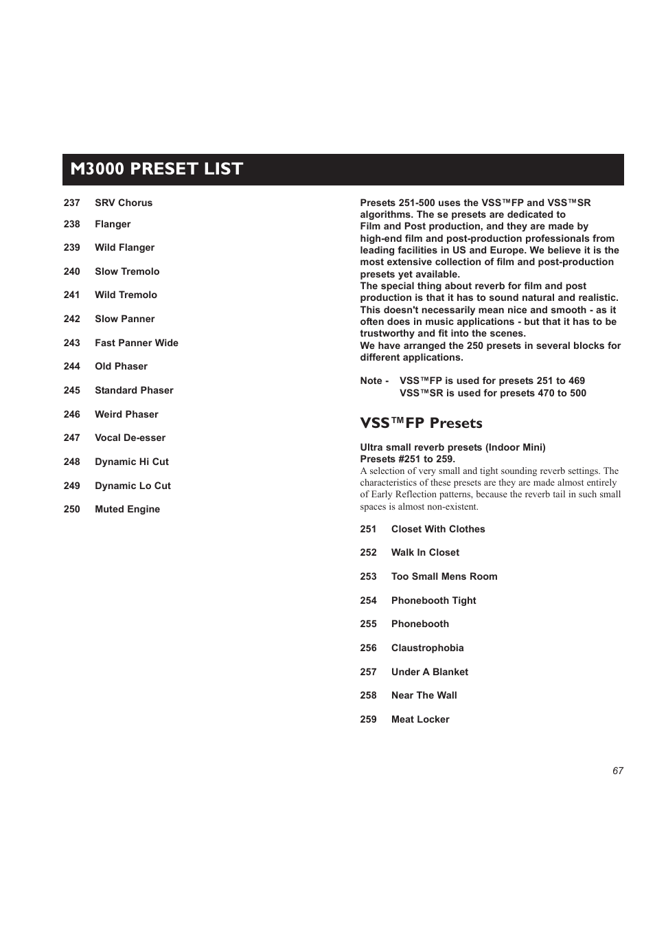 M3000 preset list, Vss™fp presets | TC electronic SDN BHD M3000 User Manual | Page 69 / 78