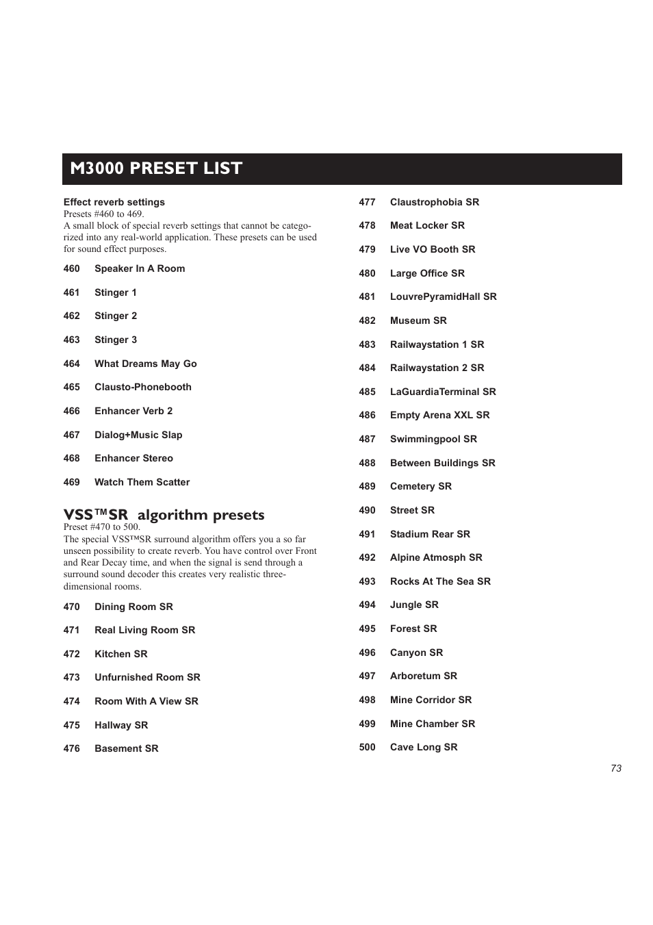 M3000 preset list, Vss™sr algorithm presets | TC electronic SDN BHD M3000 User Manual | Page 75 / 78