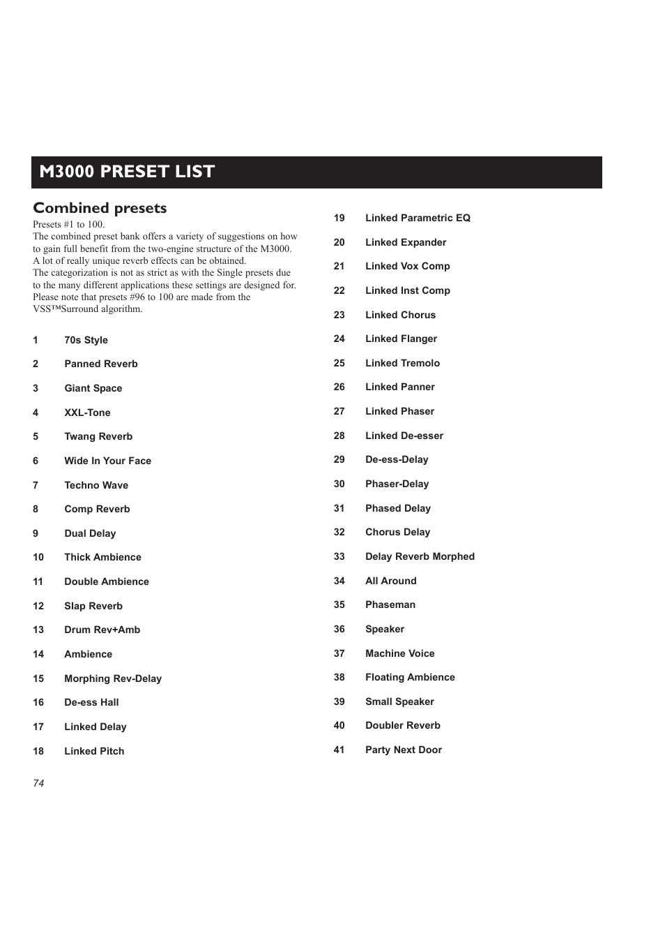 M3000 preset list, Combined presets | TC electronic SDN BHD M3000 User Manual | Page 76 / 78