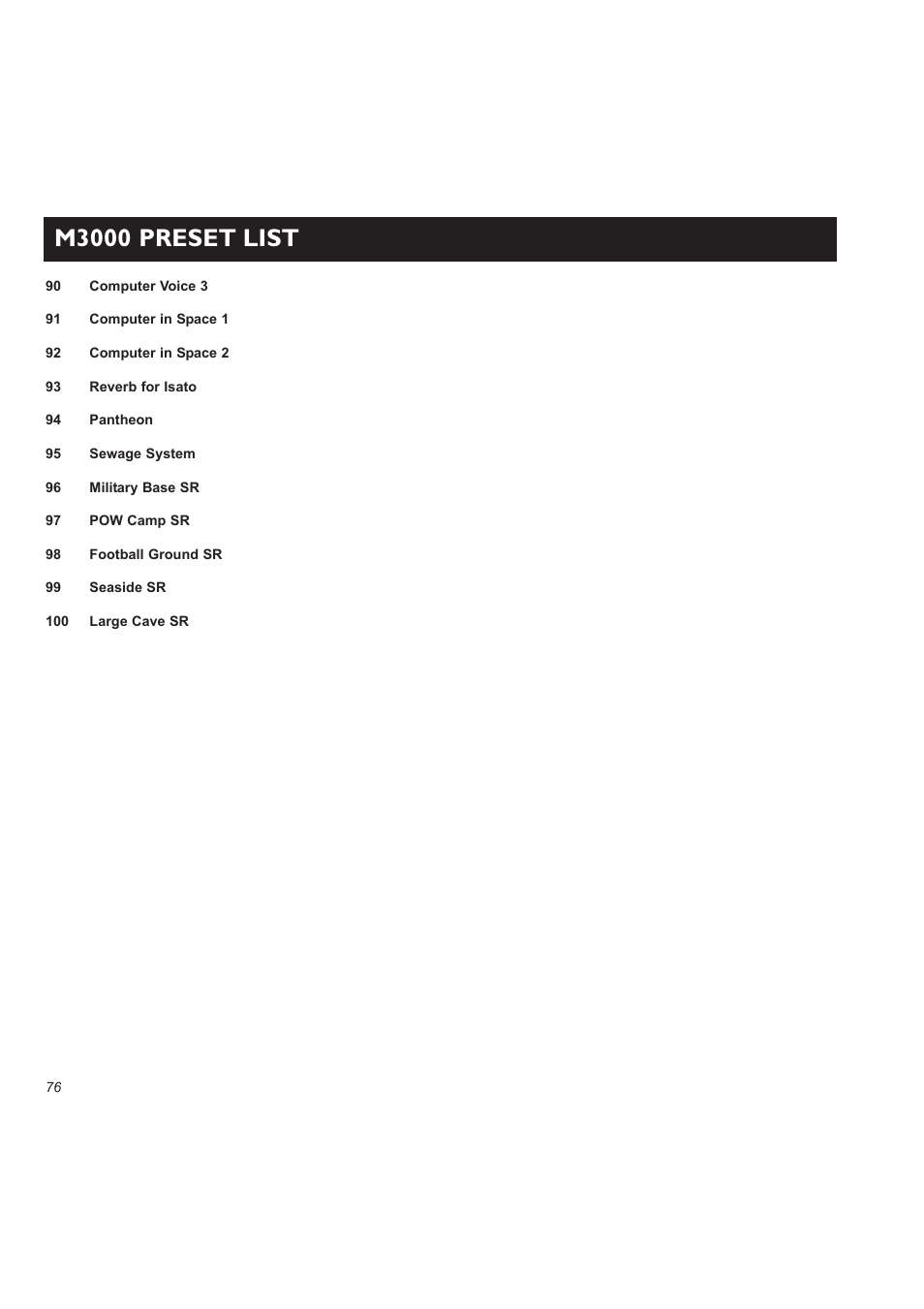 M3000 preset list | TC electronic SDN BHD M3000 User Manual | Page 78 / 78