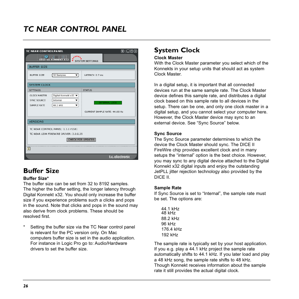 Tc near control panel, Buffer size, System clock | TC electronic SDN BHD x32 User Manual | Page 28 / 30