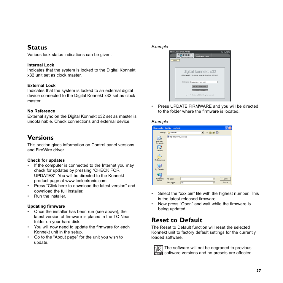 Status, Versions, Reset to default | TC electronic SDN BHD x32 User Manual | Page 29 / 30