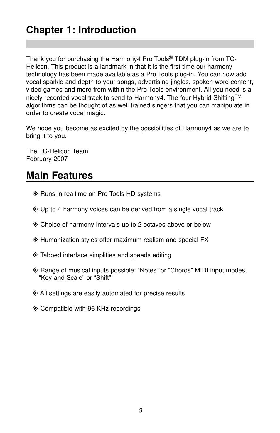 Chapter 1: introduction, Main features | TC Electronic Harmony4 TDM User Manual | Page 3 / 22