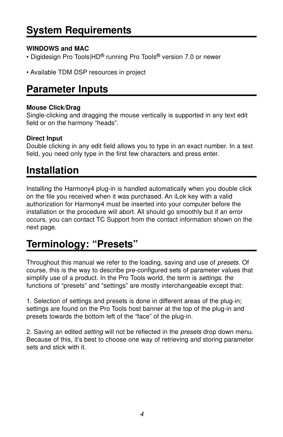 System requirements, Parameter inputs, Installation | Terminology: “presets | TC Electronic Harmony4 TDM User Manual | Page 4 / 22