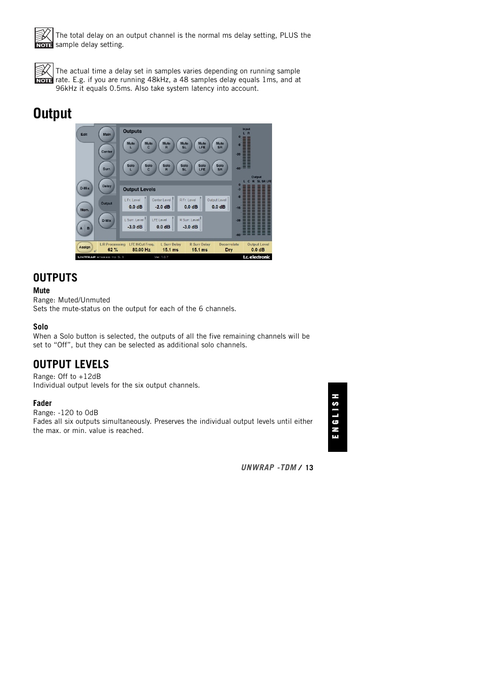 Output, Outputs, Output levels | TC Electronic UnWrap TDM User Manual | Page 15 / 23