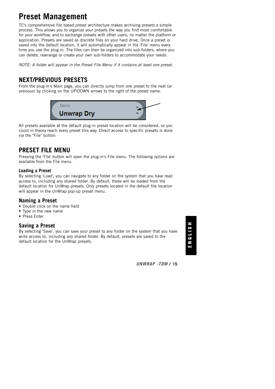 Preset management, Next/previous presets, Preset file menu | TC Electronic UnWrap TDM User Manual | Page 17 / 23