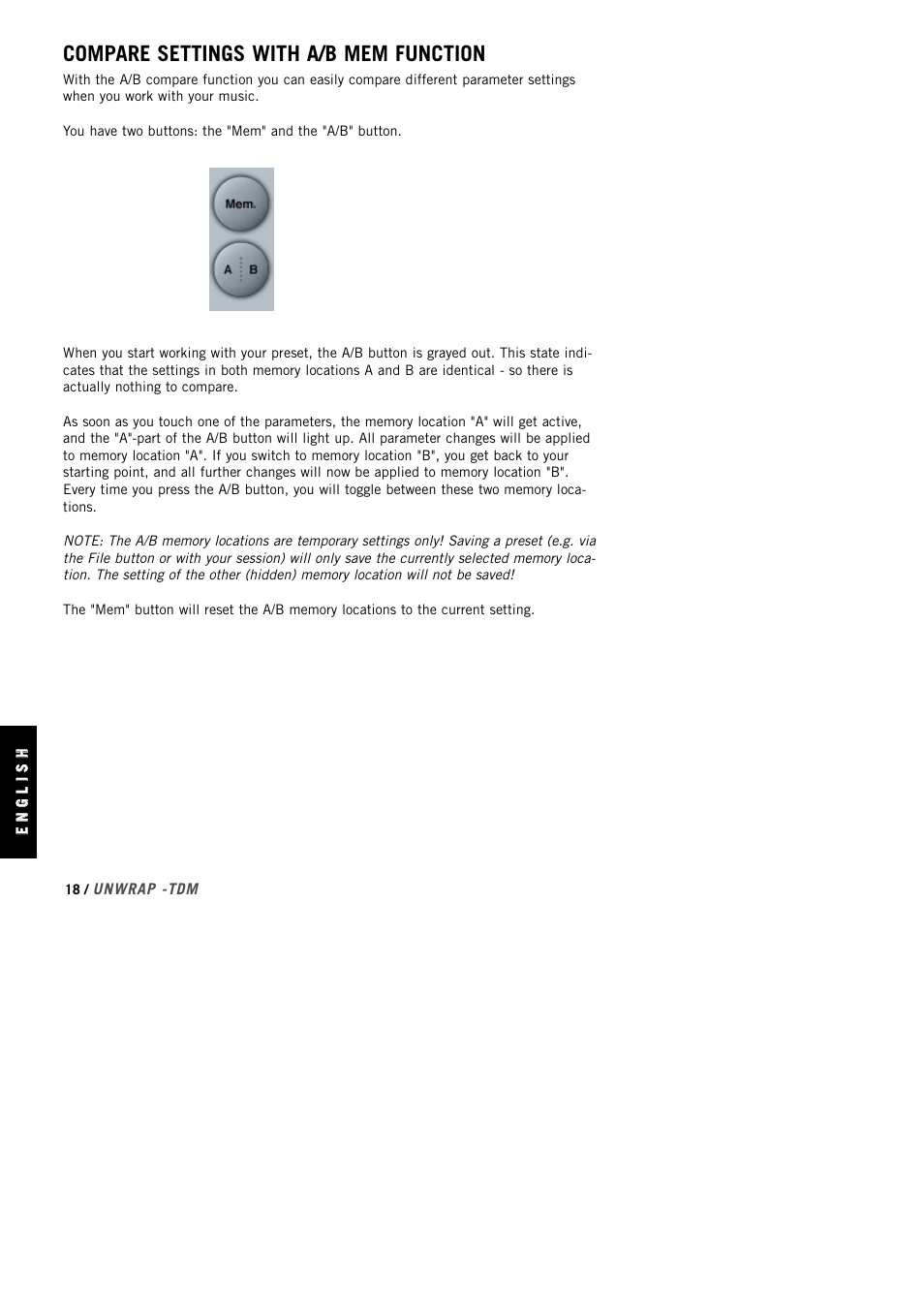 Compare settings with a/b mem function | TC Electronic UnWrap TDM User Manual | Page 20 / 23
