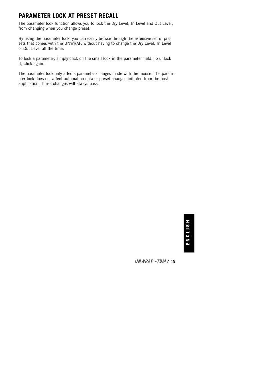 Parameter lock at preset recall | TC Electronic UnWrap TDM User Manual | Page 21 / 23