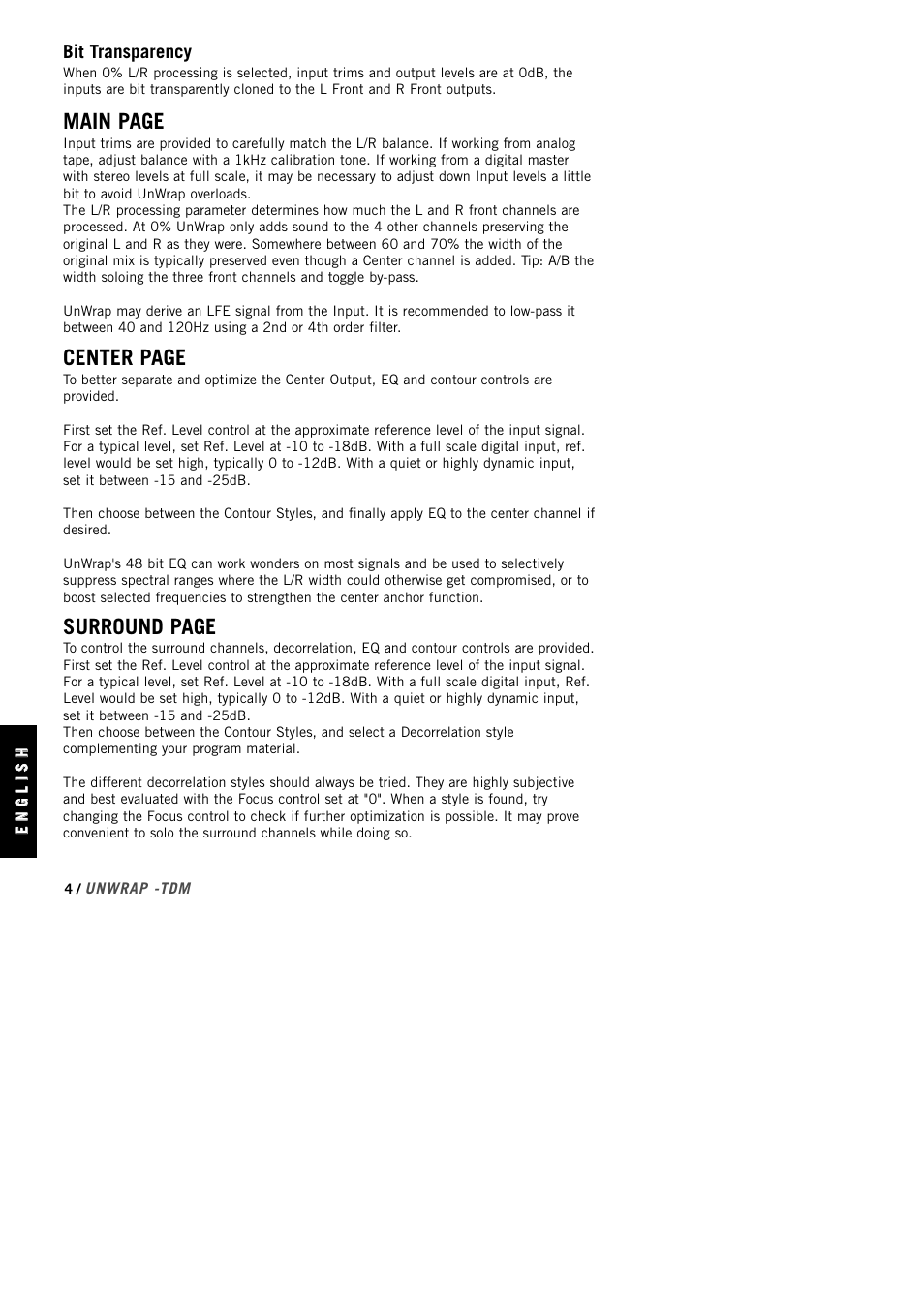 Main page, Center page, Surround page | TC Electronic UnWrap TDM User Manual | Page 6 / 23