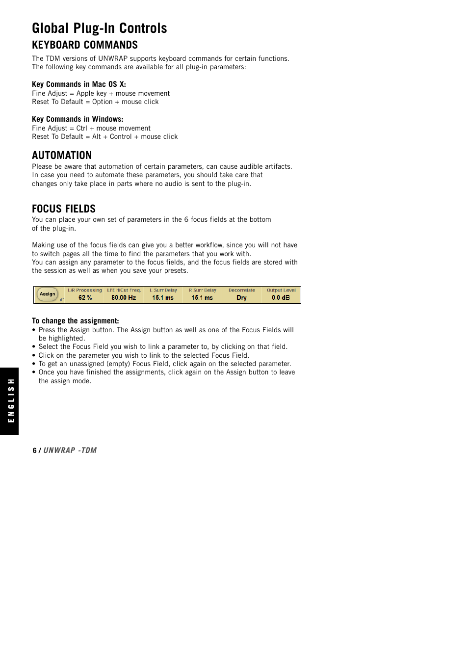 Global plug-in controls, Keyboard commands, Automation | Focus fields | TC Electronic UnWrap TDM User Manual | Page 8 / 23