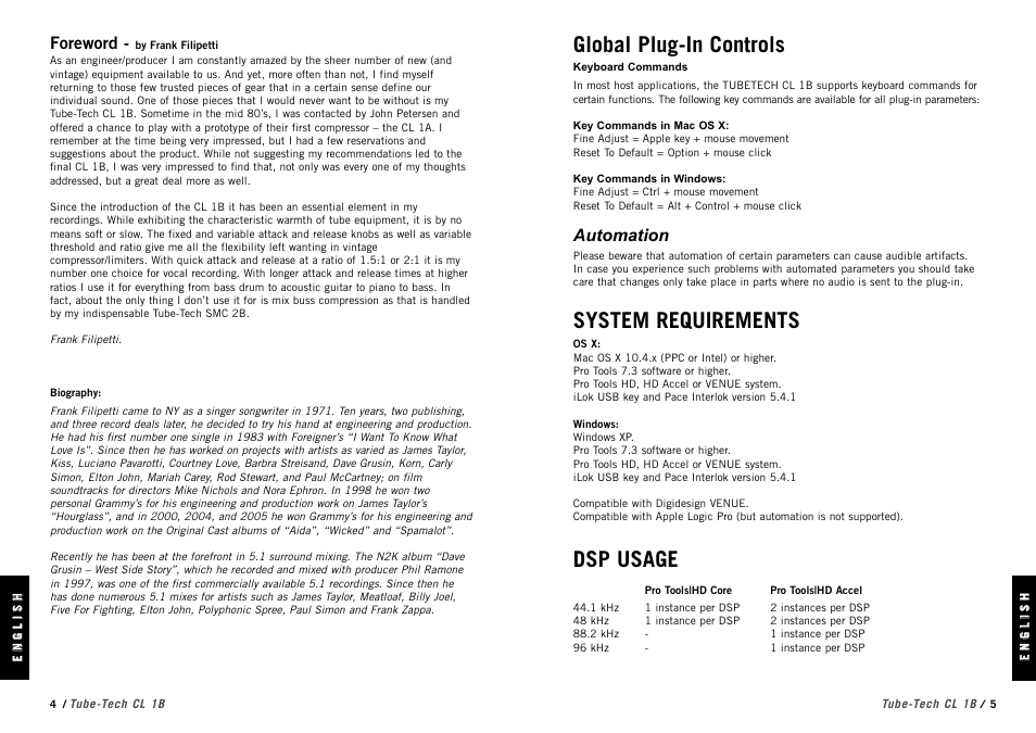 Global plug-in controls, System requirements, Dsp usage | Foreword, Automation | TC Electronic Tube-Tech CL 1B TDM User Manual | Page 3 / 6