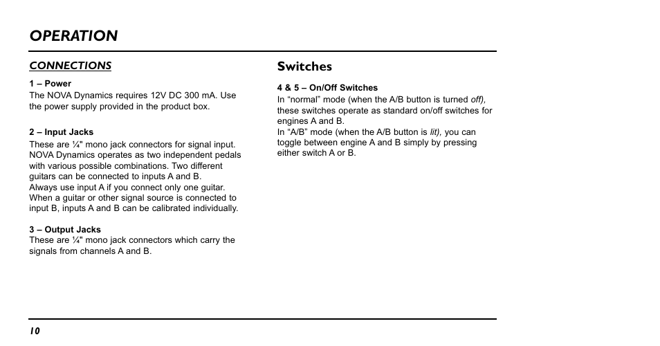 Operation, Switches | TC electronic SDN BHD Nova Dynamics NDY-1 User Manual | Page 10 / 20
