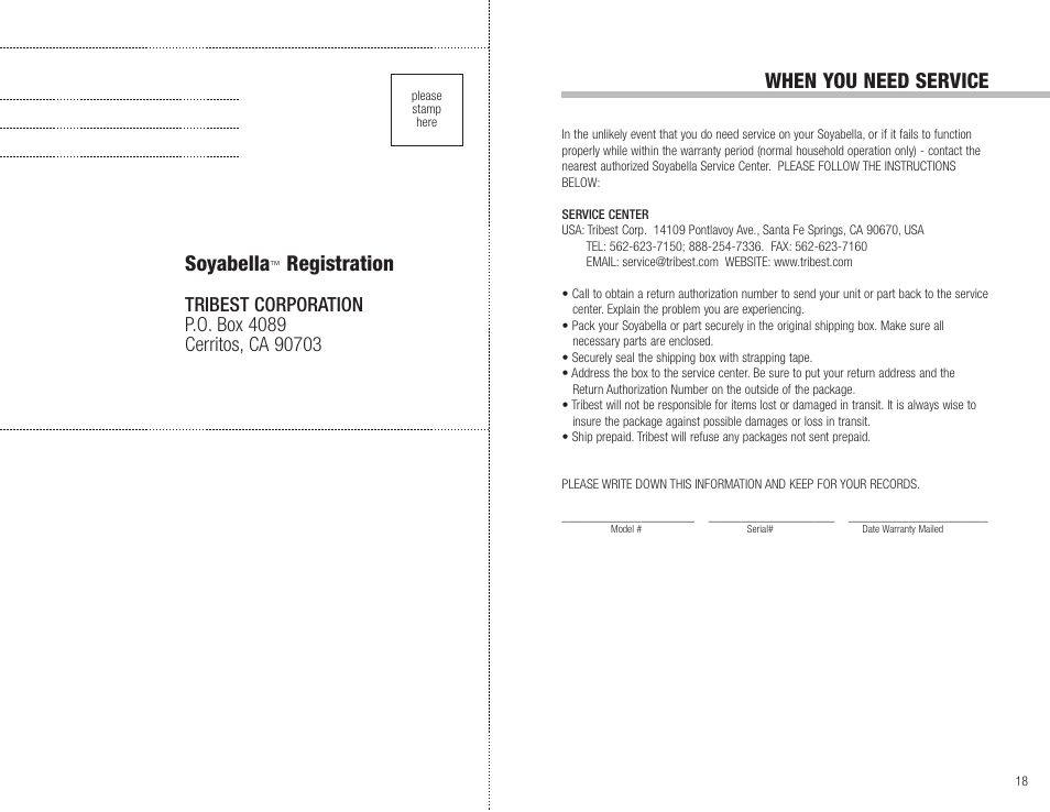 When you need service, Soyabella, Registration | Tribest SOYABELLA SB-130 User Manual | Page 10 / 10