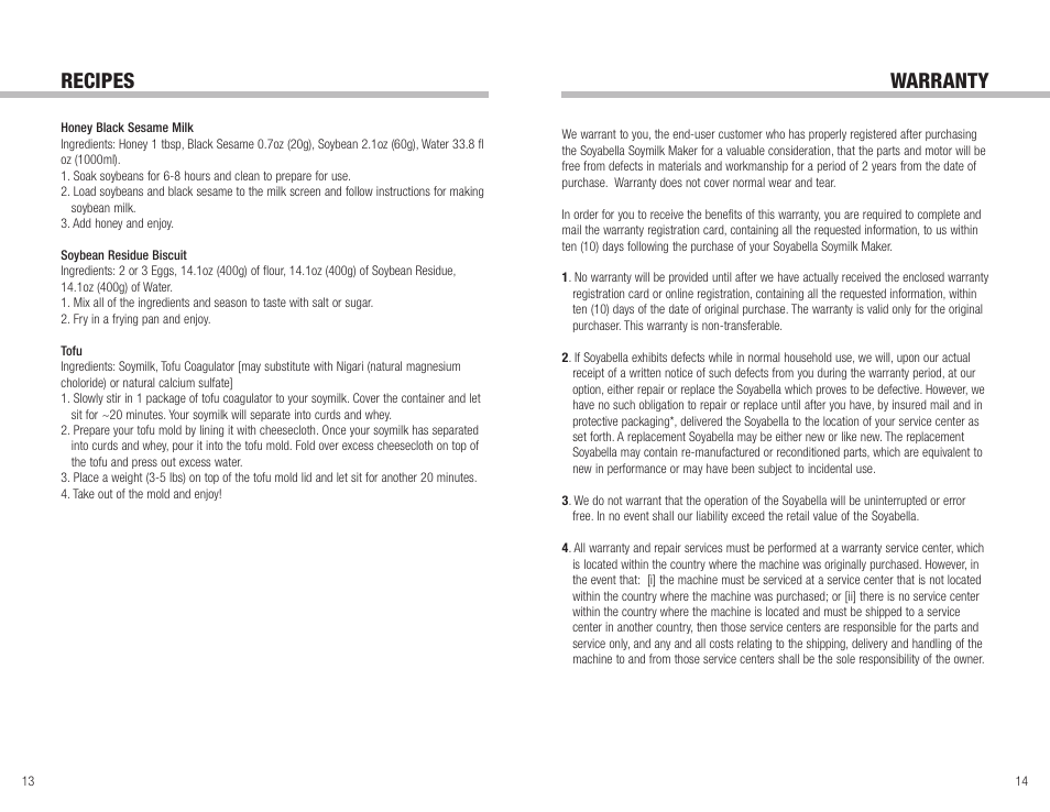 Warranty, Recipes | Tribest SOYABELLA SB-130 User Manual | Page 8 / 10