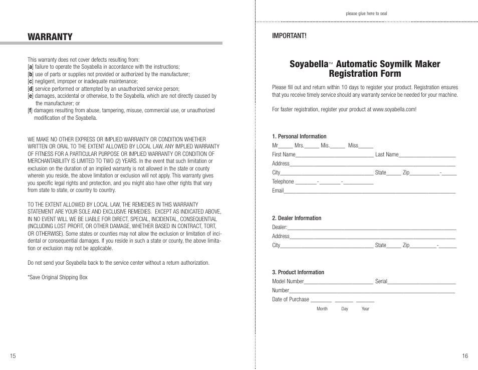 Warranty, Soyabella, Automatic soymilk maker registration form | Tribest SOYABELLA SB-130 User Manual | Page 9 / 10