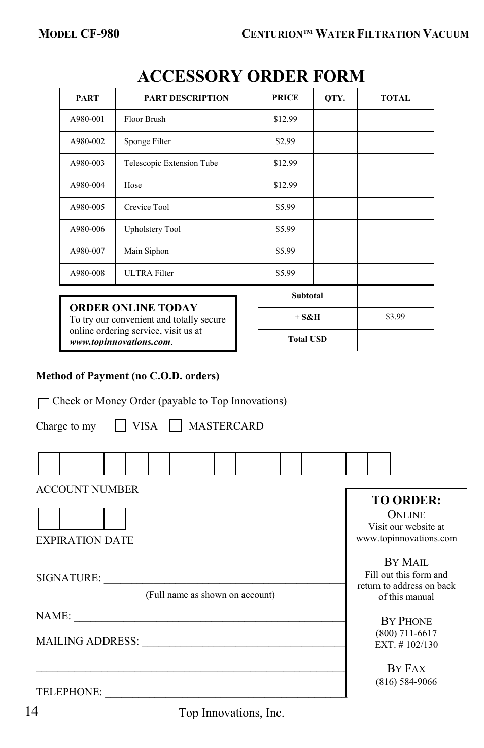 Accessory order form, Cf-980, Top innovations, inc | Top Innovations CF-980 User Manual | Page 14 / 16