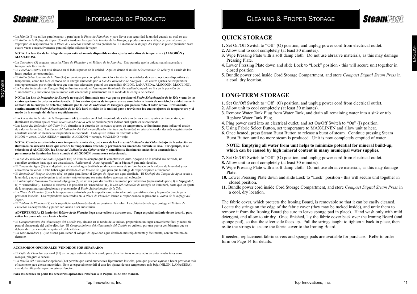 Quick storage, Long-term storage | Top Innovations SF-622 User Manual | Page 11 / 16