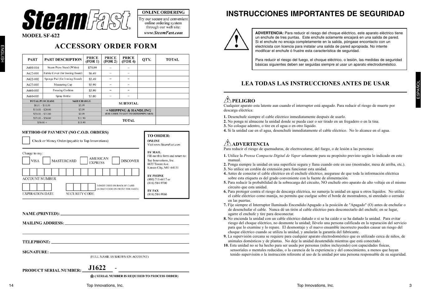 Instrucciones importantes de seguridad, J1622 | Top Innovations SF-622 User Manual | Page 14 / 16