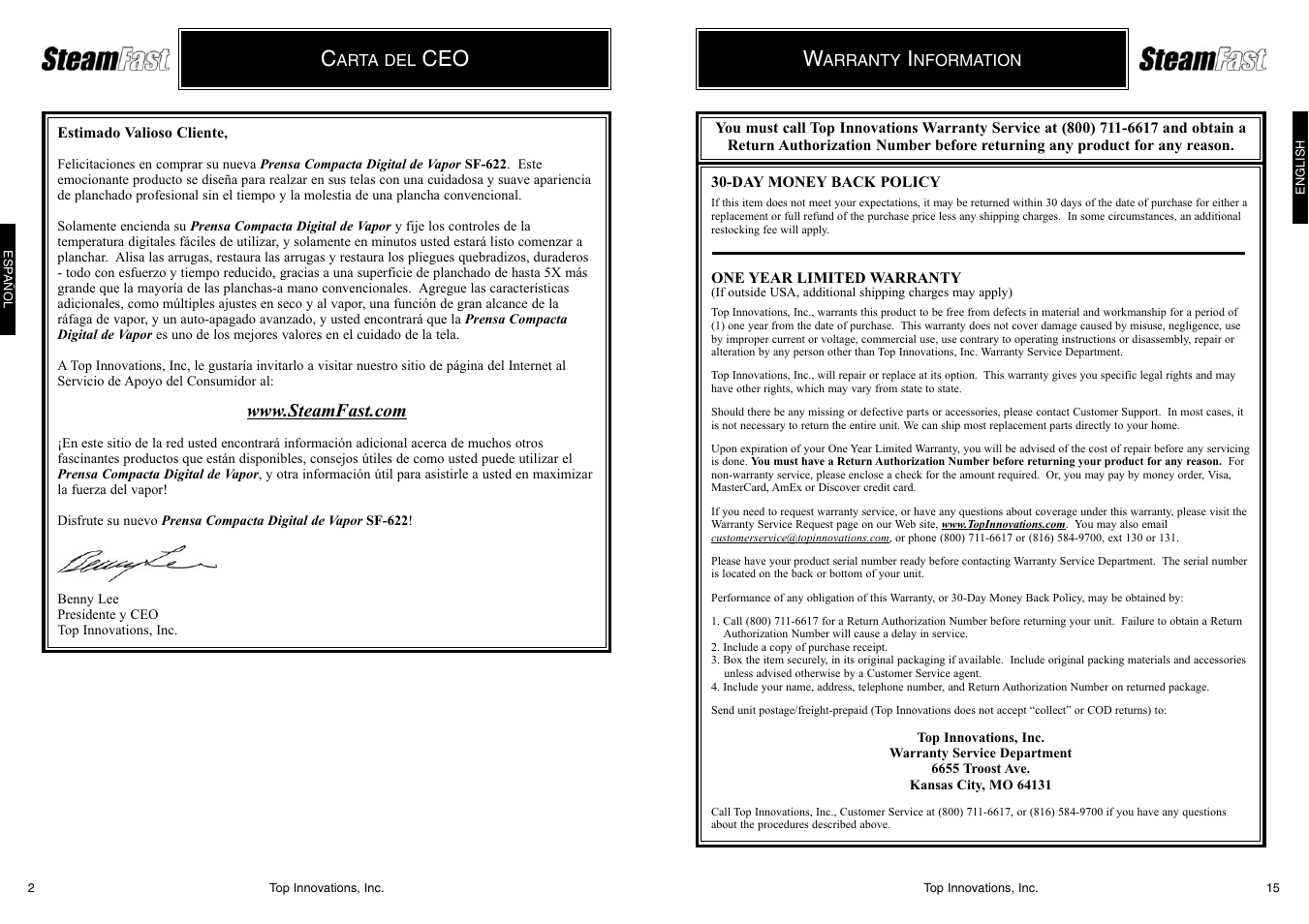 Top Innovations SF-622 User Manual | Page 15 / 16