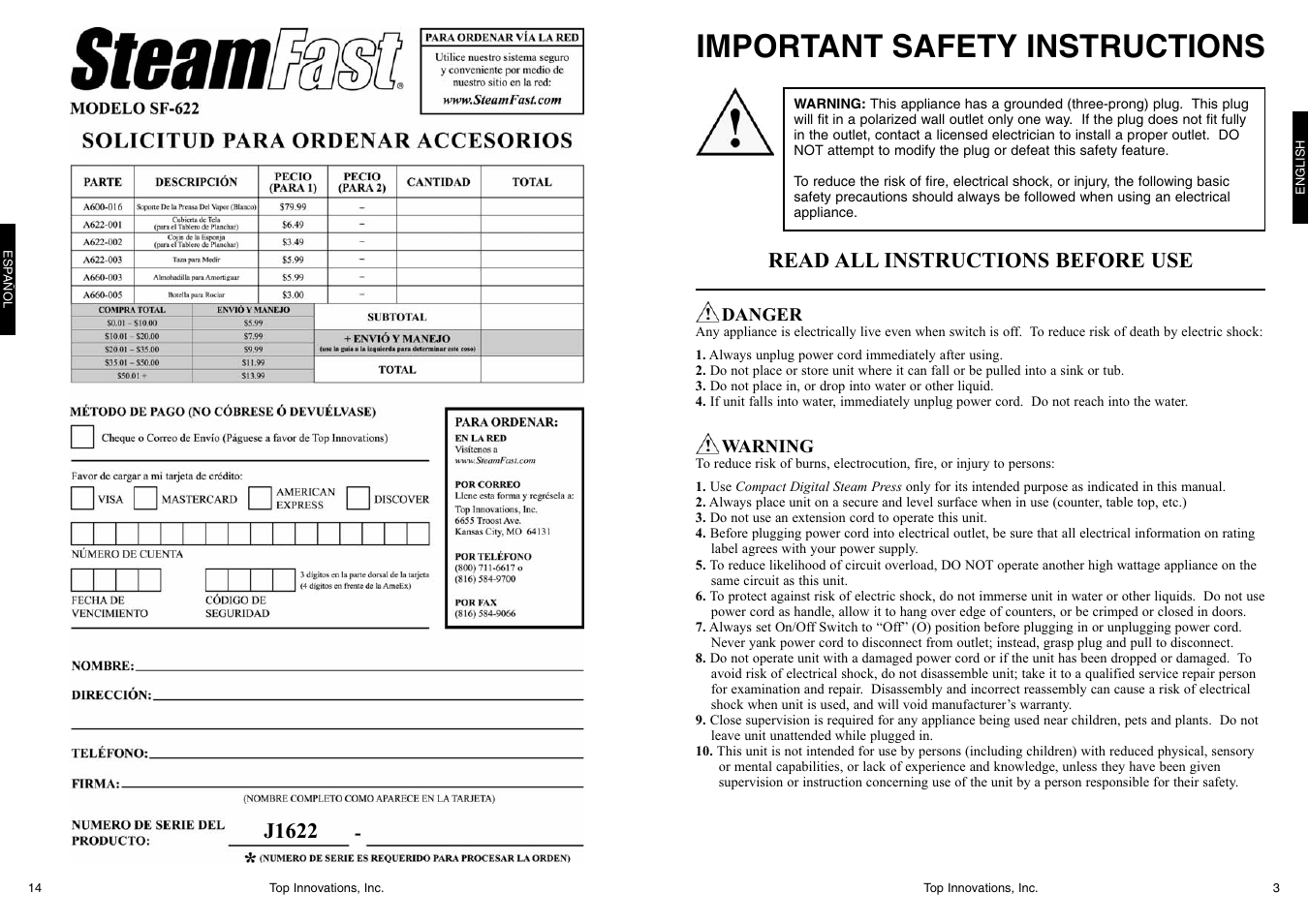 Important safety instructions, Read all instructions before use, J1622 | Top Innovations SF-622 User Manual | Page 3 / 16