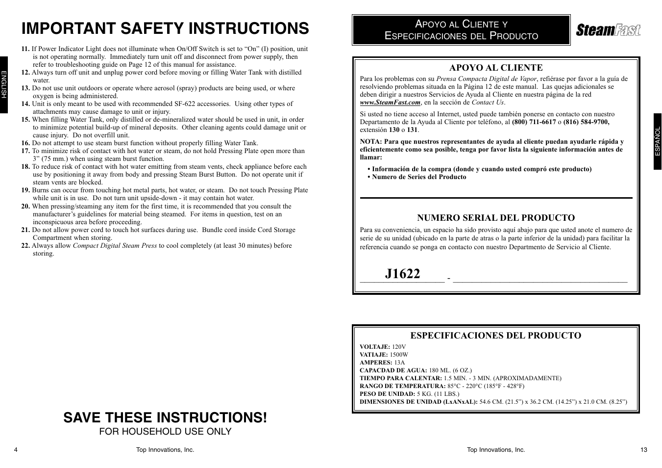 Important safety instructions, Save these instructions, J1622 | Top Innovations SF-622 User Manual | Page 4 / 16