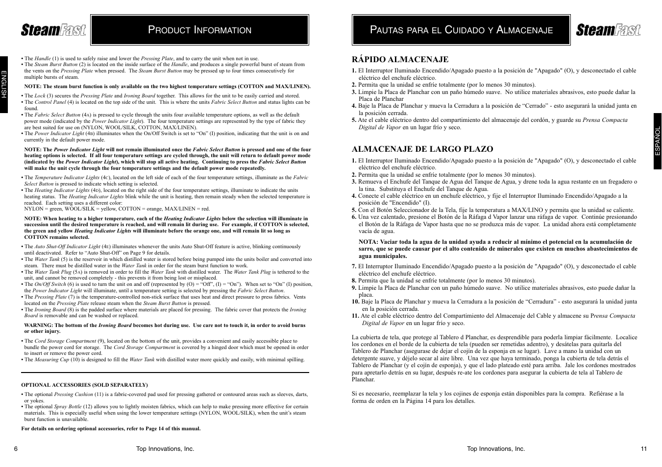Rápido almacenaje, Almacenaje de largo plazo | Top Innovations SF-622 User Manual | Page 6 / 16