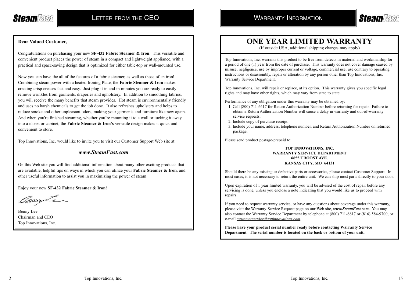 One year limited warranty | Top Innovations SF-432 User Manual | Page 2 / 8
