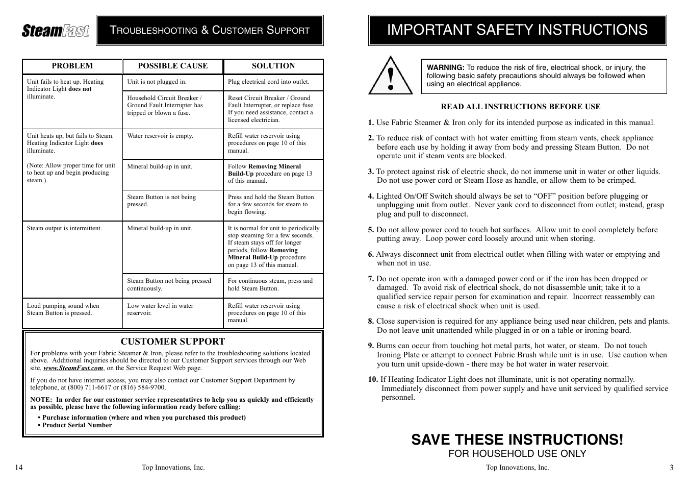 Important safety instructions, Save these instructions | Top Innovations SF-432 User Manual | Page 3 / 8