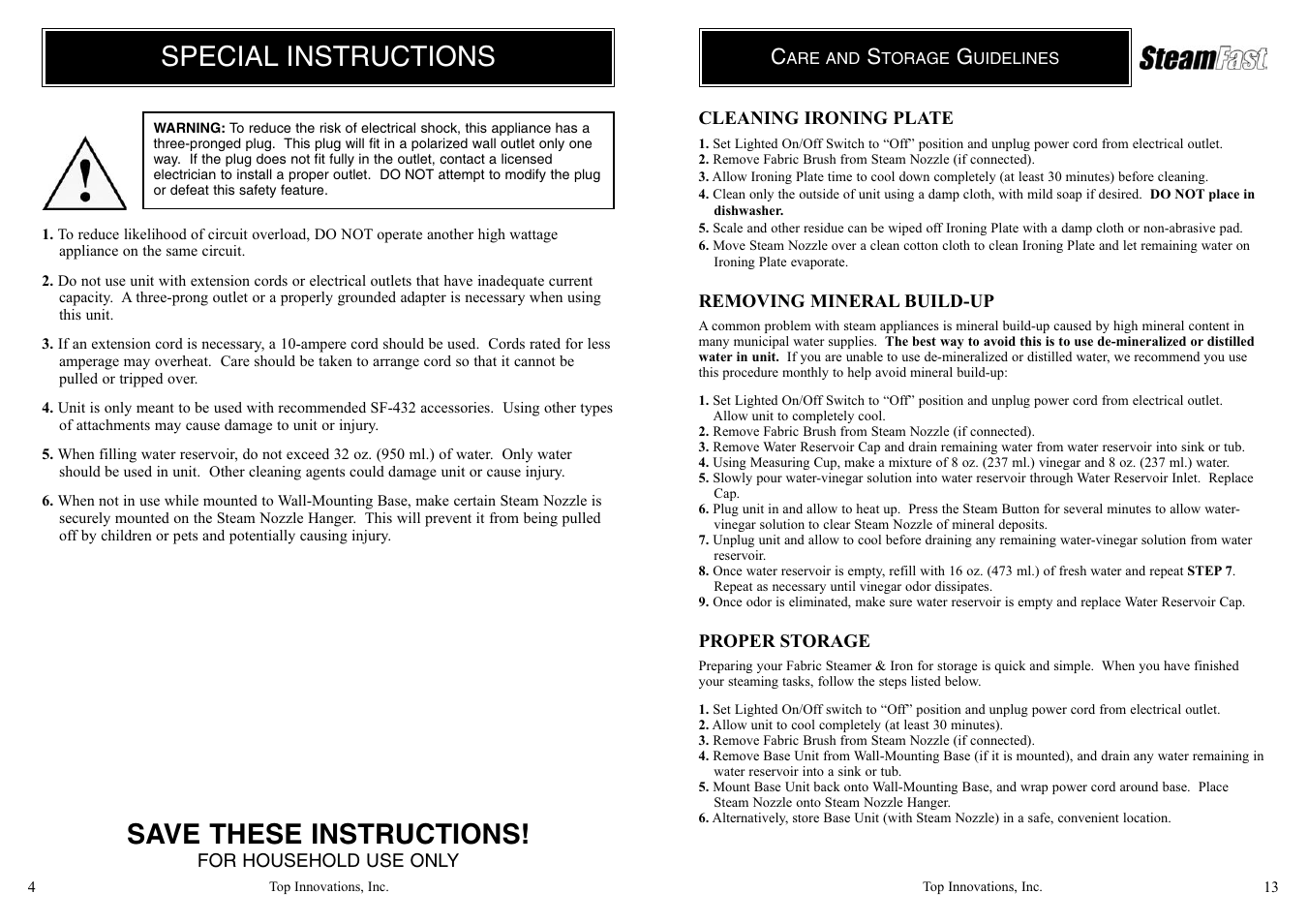 Special instructions save these instructions | Top Innovations SF-432 User Manual | Page 4 / 8